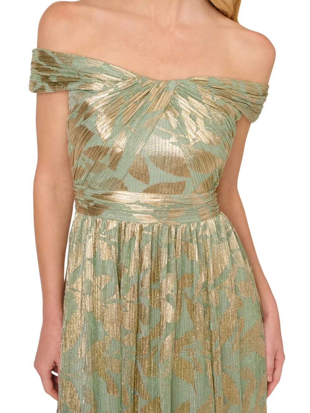 Adrianna Papell Leaf Print Off-The-Shoulder Foiled Knit A-Line Gown Dress - Picture 5 of 12